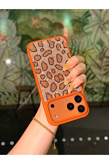 Fibaks iPhone 17 Pro Max Kılıf Içi Kadife Leopar Tasarımlı Turuncu