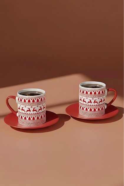 New Year's Deer Patterned Set of 2 Turkish Coffee Cups