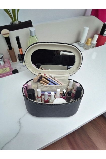 Large Capacity Makeup and Accessory Organizing Box with Mirror |   Leather-Look Organizers