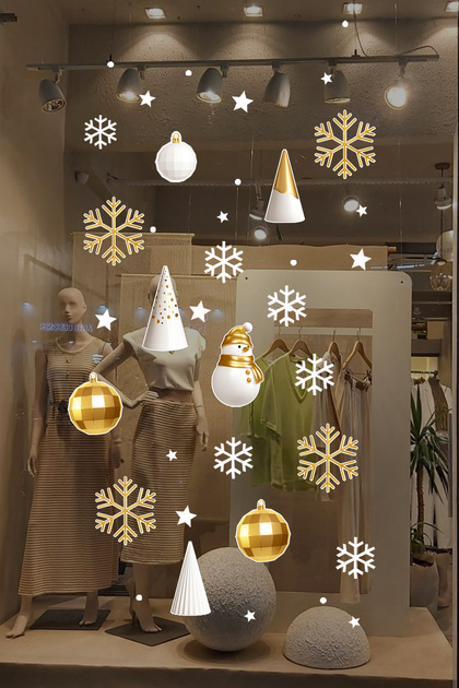 Gold Golden Color Balloons Snowflakes Christmas Glass Window Display Decorations New Year Sticker 39X47Cm