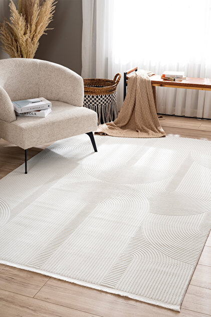 Farahan Beyaz Geometrik Tozumaz Halı Salon Koridor Oturma ve Yatak Odası Mutfak Makine Halısı A0861A