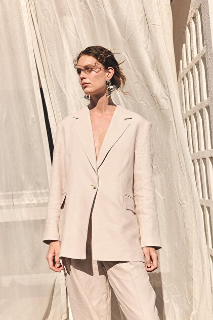 Bej 100% Keten Kadın Blazer Ceket