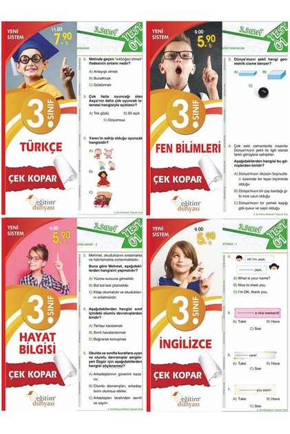 SÜPER FİYAT - Eğitim Dünyası 3. Sınıf Türm Dersler Yaprak Test Çek Kopar 4 lü Set Eğitim Dünyası Yay