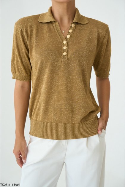 Women's Gold Polo Neck Glitter Short Sleeve Sweater