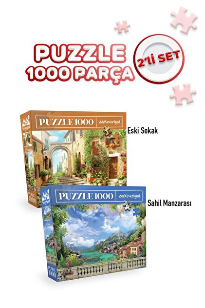 Neverland 2 ADET 1000 PARÇA PUZZLE - ESKİ SOKAK ve SAHİL MANZARASI