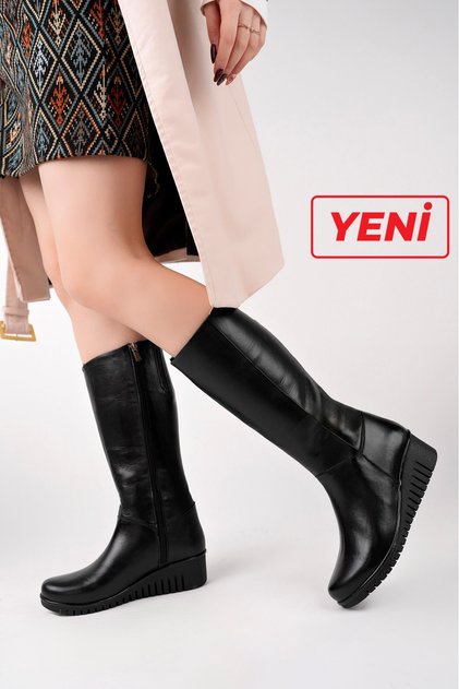 Hakiki Deri Siyah Kadın Deri Çizme TRC-2007