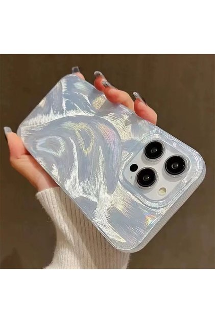 iPhone 14 Pro Max Gümüş Renk Tüy Desenli Yanları Silikon Darbeye Dayanıklı Telefon Kılıfı