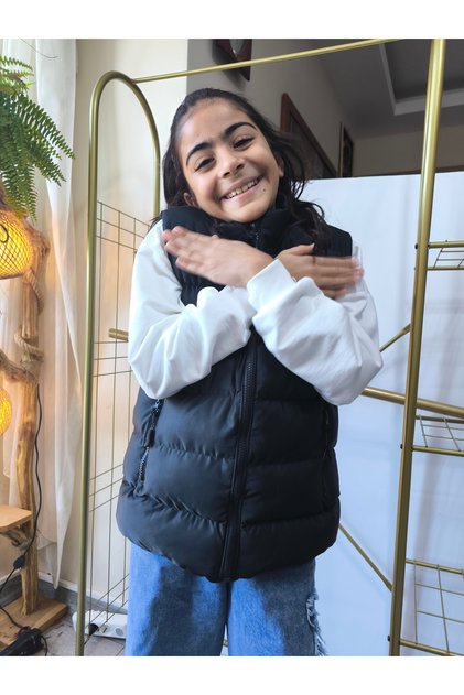 Kız-Erkek Çocuk Şişme Yelek Astarlı Fermuarlı Cepli Su Tutmaz Rüzgar Kesici Isı Yalıtımlı Siyah