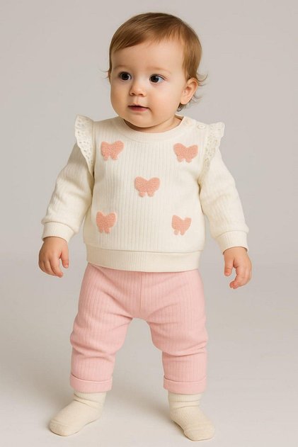 Baby Girl Süzene Bow Embroidered Shoulder Snap Fastener Baby Set 2-Piece Seasonal 6-9-12Months