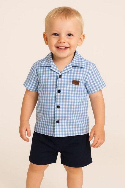 Boy's summer short sleeve shirt with pitikari pattern and satin shorts 2-piece set festive set (full pattern)