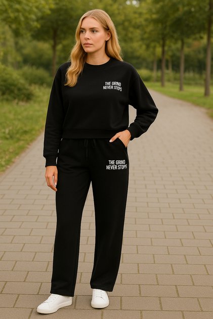 3Iplik Pamuklu Sırt Printed Bisiklet Yaka Oversized Hoodie Sweat Pantalon Set