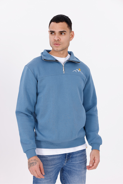 Men's Half-Zip Relaxed Fit Relax 3 Thread Fleece Cotton Stand Collar Blue Sweatshirt