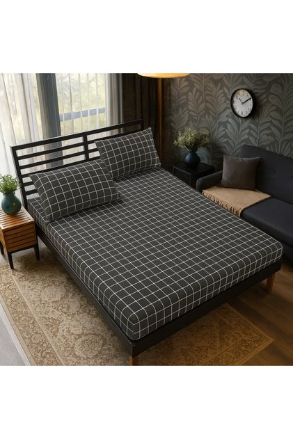 Mocha Anthracite Plaid Patterned Cotton Ranforce Fabric Elastic Bed Sheet Set (Single-Double-King Size)