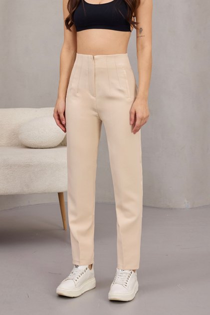 Women's High-Waisted Darted Fabric Trousers