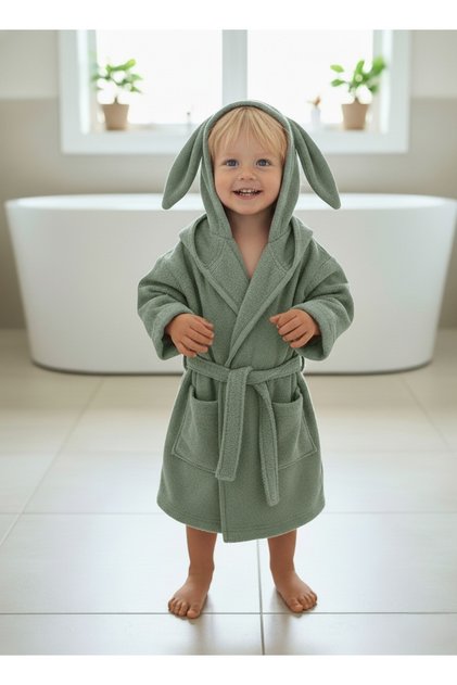 OUTLET İHRACAT- %100 Pamuklu Yumuşacık Unisex Kız-erkek Çocuk Havlu Bornoz KULAKLI TAVŞAN/YEŞİL