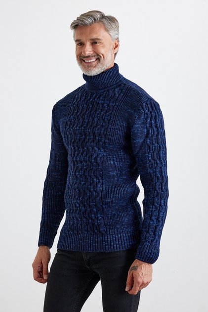 Men's Navy Blue Braided Diamond Patterned Full Fisherman Corded Thick Knitwear Sweater
