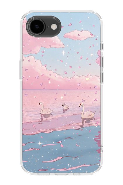 iPhone 17E Compatible Pink Sky and Swan Patterned Transparent Phone Case