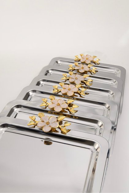 6-Piece Luxury Square Presentation Tray Set | Gold Colored Flower Handle Stainless Steel 21X21 cm