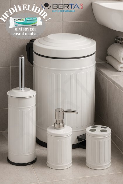 Vintage Dörtlü Beyaz Banyo Seti Çöp Kovası Tuvalet Fırçası Diş Fırçalık Sıvı Sabunluk Metal