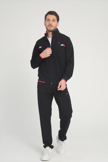 Men's Navy Blue-Red Two Thread Fabric Zippered Di Mock NeckIk Detailed Tracksuit Set - 7624