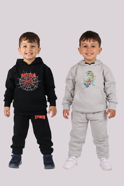 2-Piece Mixed Printed Hooded Boys' Tracksuit Set with Kangaroo Pockets