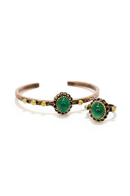 Green Agate Stone Copper Bracelet and Ring