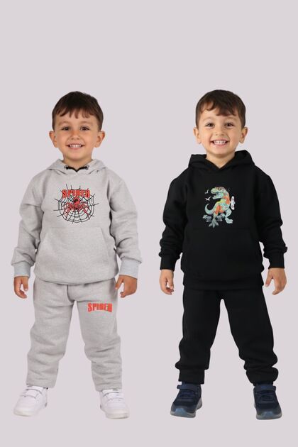 2-Piece Mixed Print Hooded Boys' Tracksuit Set with Kangaroo Pocket