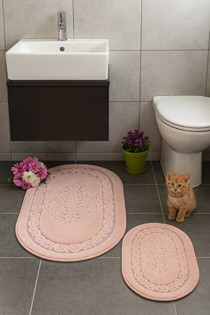 Cotton Oval Bath Mat Set of 2 Powder 60*100 & 50*60
