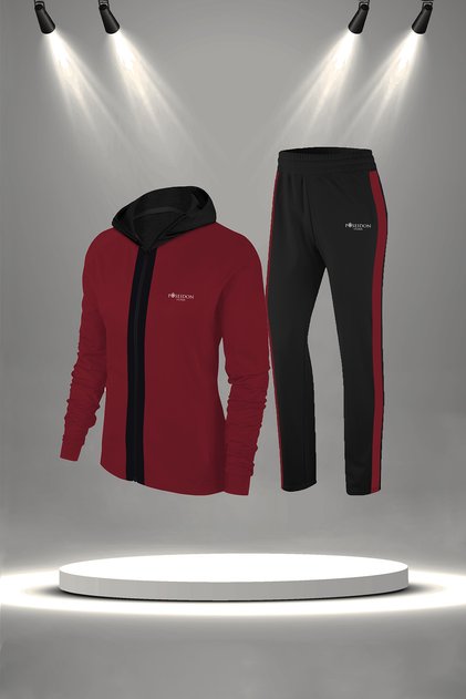 Plus Size Women's Burgundy New Supra Combed Cotton Comfortable Two-Piece Zippered Stylish Sports Tracksuit Set (4