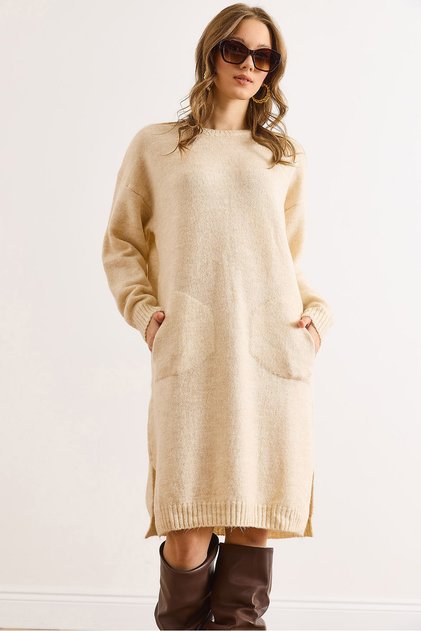 Women's Ecru Kangaroo Pocket Slit Knitwear Tunic Dress Elb-19002550