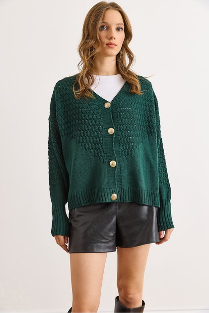 Women's Emerald Green Openwork Detailed V-Neck Knitwear Cardigan Hrk-19000436