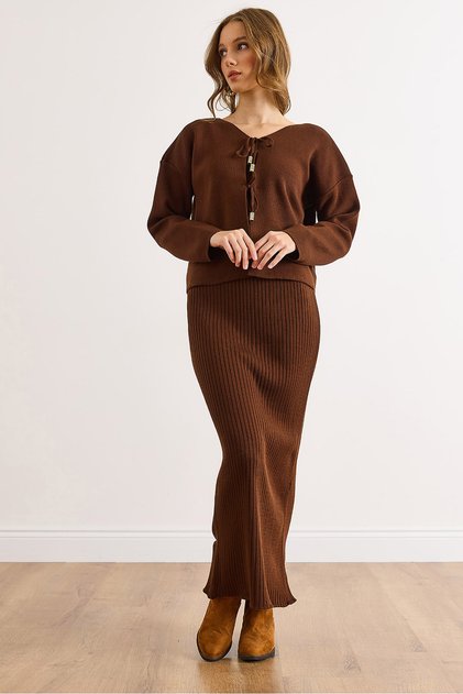 Women's Brown Top Cardigan Inner Dress Knitwear Set Tkm-19000456