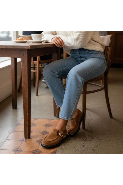 Tan Suede Genuine Leather Buckle and Elastic Women's Casual Shoes