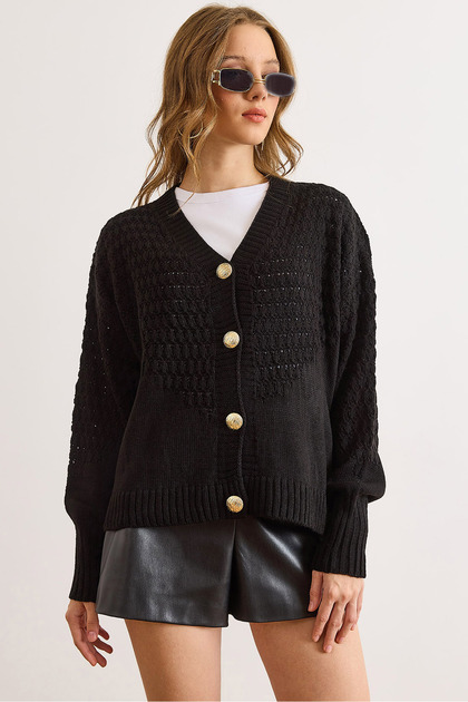 Women's Black Openwork Detailed V-Neck Knitwear Cardigan Hrk-19000436