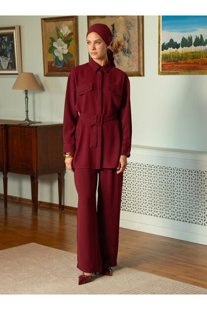 Belted Shirt Tunic and Wide Leg Pants Two-Piece Set - Burgundy -