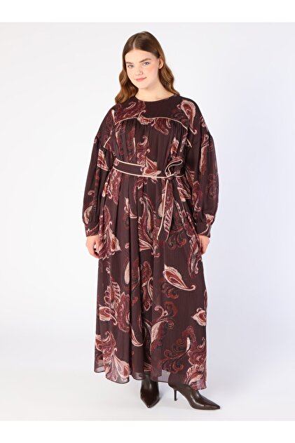 Abstract Patterned Robe Detailed Chiffon Hijab Dress - Burgundy -