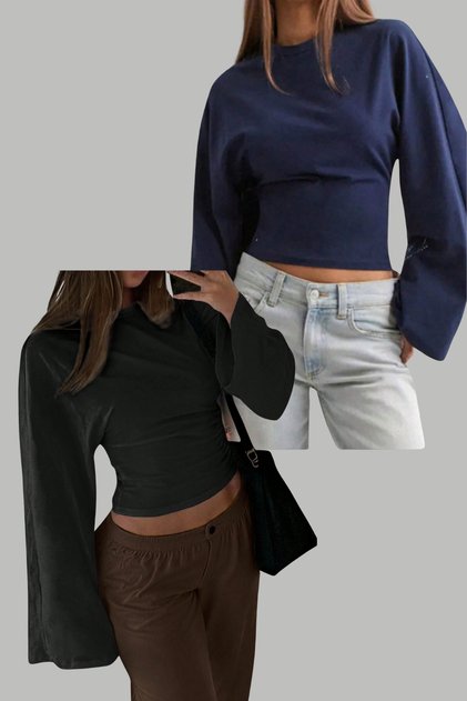 Black - Navy Blue 2-Pack Women's Long Sleeve Waist-Fitted Blouse