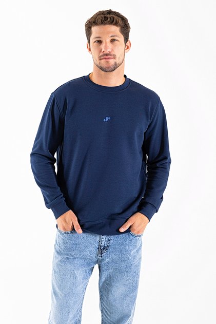 Men's Crew Neck J Printed 3 Thread Sweatshirt Navy Blue - 25K 1101