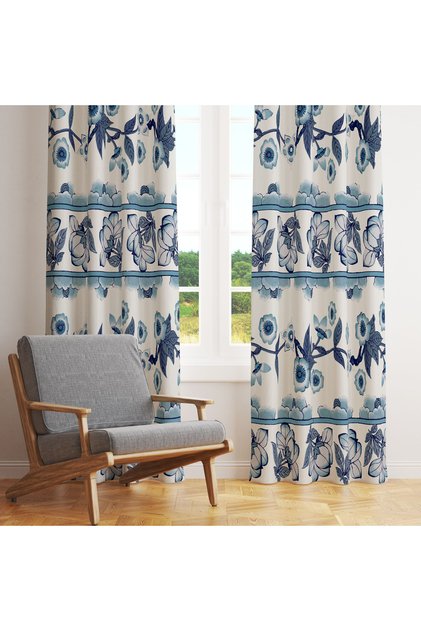 Blue and White Tile Patterned Single Wing Background Curtain 140X260 cm