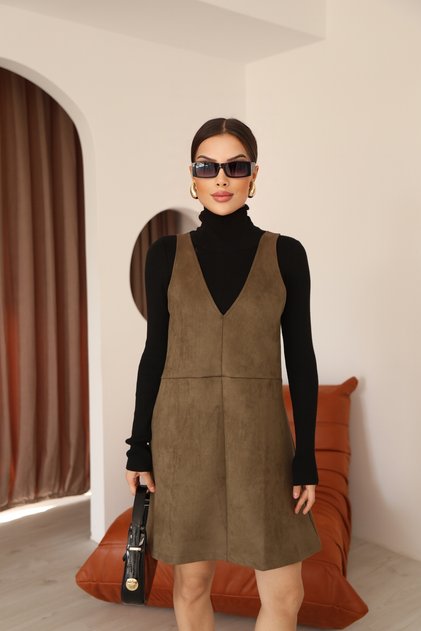 Khaki Suede V-Neck Above Knee Panel Detailed Dress | Mini Suede Dress with Tie Detail | Slim Fit Strappy Casual Stylish Women's Dress