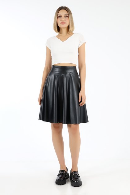 Women's Black Flared Faux Leather Skirt Faux Leather