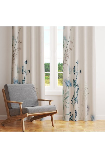 Cream Floor Blue Floral Minimalist Botanical Single Wing Background Curtain 140X260 cm