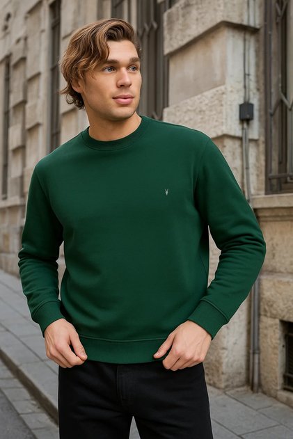 K.Yeşil Renk Basic Bisiklet Yaka Erkek Sweatshirt