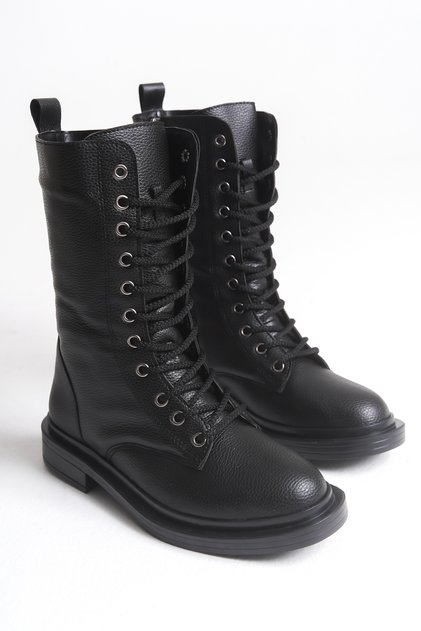 Black Leather Women's Boots Postal Yanna Lace-Up Internal Zipper Thick Soled Waterproof