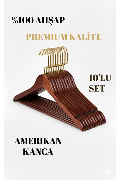 Ceviz Ahşap Kıyafet Askısı Elbise Gömlek Pantolon Askılık Gold Amerikan Kanca 10 Adet