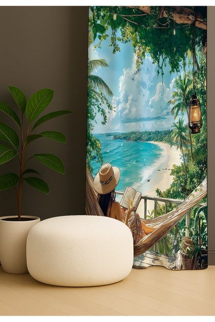 Woman Reading a Book in a Hammock Single Wing Background Curtain