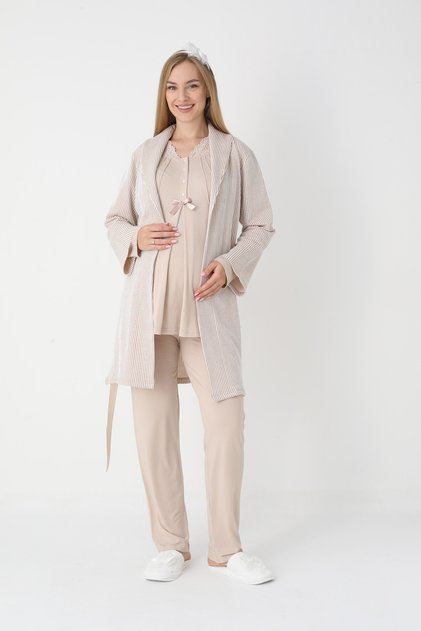 Women's Beige Jacquard Shawl Collar Lace Winter Special Design Maternity and Postpartum Robe Pajama Set