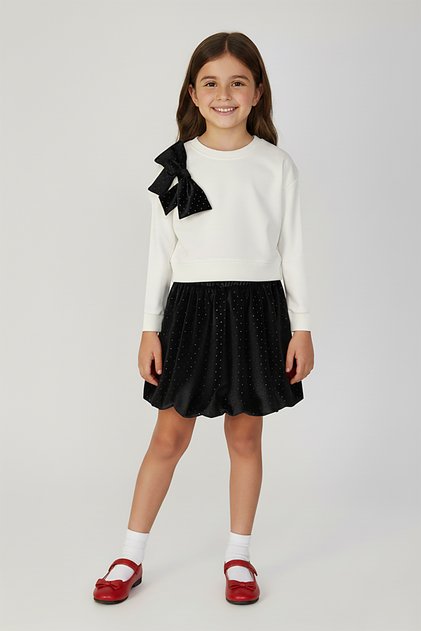 Girl's Balloon Skirt Stone Printed Ribbon Detailed Top and Bottom Set