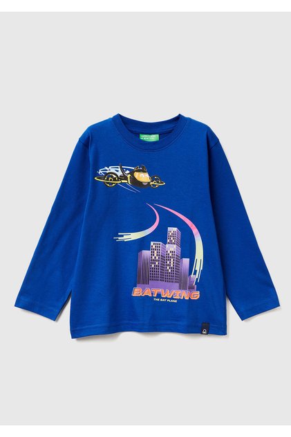 Boys' Cobalt Blue Jersey T-Shirt with Multi-Colored Batwheels Printed Logo Stickers on the Front and Back