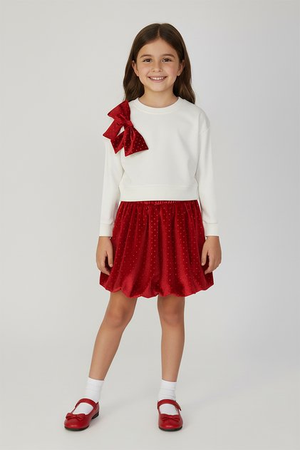 Girl's Balloon Skirt Stone Printed Ribbon Detailed Top and Bottom Set